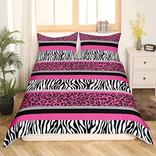 KERRES Bettwäsche 200x200 Leopard Zebra Bettbezug Set 3 Teilig Rosa Microfaser Weich Bettbezüge + 2 Kissenbezuge 80x80 cm, mit Reißverschluss DE1781