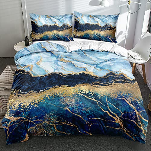 Luowei Bettwäsche 220x240 Marmoriert Marmor Optik Hellblau Dunkelblau Gold Schick Wendebettwäsche Set Microfaser Bettbezug und 2 Kissenbezüge 80x80cm mit Reißverschluss