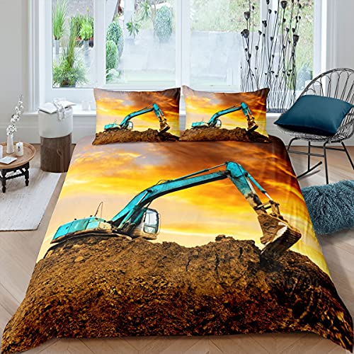 Loussiesd Karikatur BAU Bagger Bettwäsche Set 135x200cm für Mädchen Jungen Fahrzeuge LKW Auto Aufdruck Kinder Betten Set Maschinen Bulldozer Kran Stil Bettbezug Set Raumdeko Blau Gelb