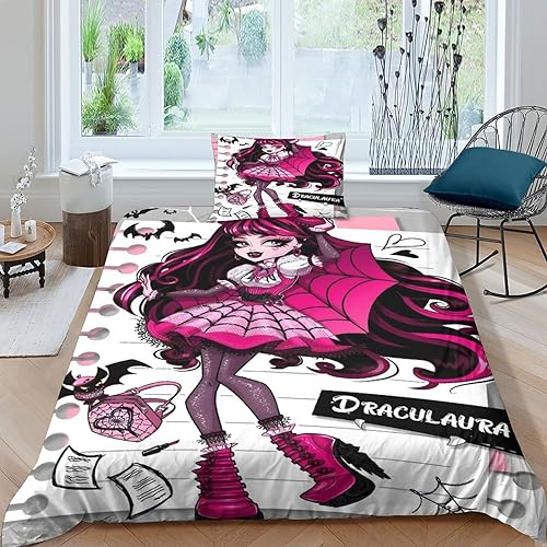 GIOSBR Monster High 3D Gedruckter Bettwäschegarnitur Bettbezug Set Für Kinder Mädchen Jungen Weich Microfaser Und Kissenbezüge Reissverschluss Bettwäsche 2 Teilig Single?135x200cm?