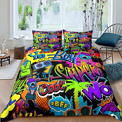 Hippie Cartoon Bettwäsche-Set Hip Hop Street Kultur Bettwäsche Set 135x200cm Graffiti Briefe Betten Set für Kinder Jungen Mädchen Teenager 2St.Reißverschluss Mikrofaser