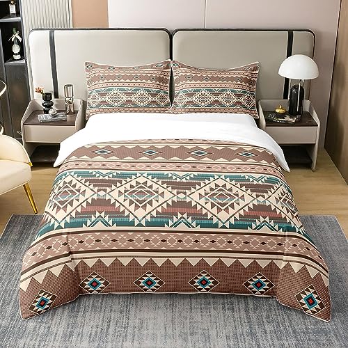 Western 100 % Baumwolle Bettbezug Einzelbett, Azteken-Bettwäsche-Set, exotische böhmische Indianer, Tribal-Bettbezug, Vintage geometrisches Dreieck Boho Bettwäsche-Set mit 1 Kissenbezug, Beige Braun