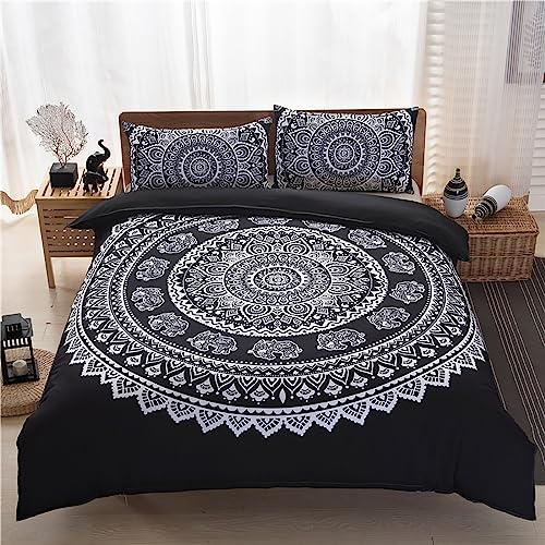 Covebett Boho Bettwäsche 220x240 Schwarz Weiß Blumen Vintage Mandala Muster Wendebettwäsche Set Bohemian Floral Blumenmuster Microfaser Bettbezug und 2 Kissenbezug 80x80 cm mit Reißverschluss
