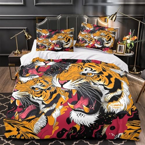 VOXYTMLWG Tiger Face 3D Druck 3 Stück digital Malerei Bettdeckenbezug Bettwäsche-Set Zip Verschluss Bequem mit Kopfkissenbezug for Jungen,Teenager,Männer,J ugendliche Single?135x200cm?
