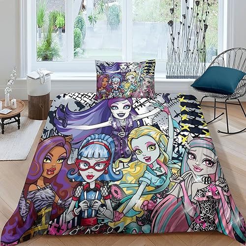 GIOSBR Monster High Bettwäschegarnitur Bettbezug Set 3D Gedruckter Mädchen Junge Kinder Bettwäsche Reissverschluss Weich Microfaser Und Kissenbezüge 2 Teilig Single?135x200cm?