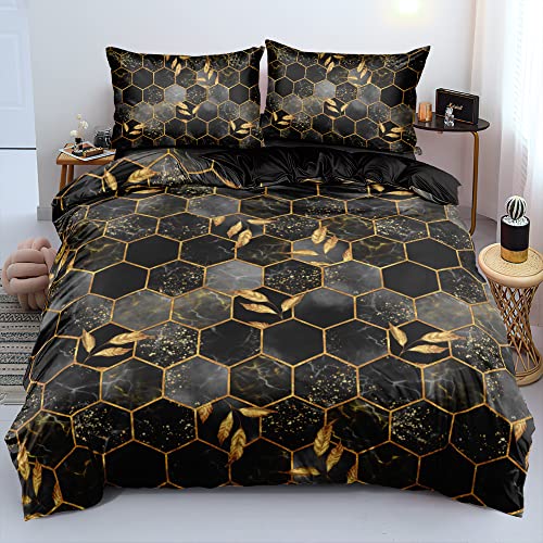 Karierte Bettwäsche Schwarz Gold 220x240 cm 3D Marmor Karo Muster Wendebettwäsche Marmoroptik Karierte Blätter Motiv Aesthetic Microfaser Luxus Modern Bettbezug Set 240x220 mit Reißverschluss