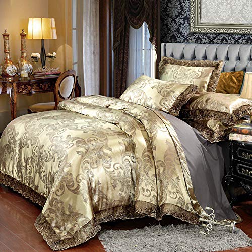 Bettwäsche-Set mit Spannbetttuch und Kissenbezügen, 4-teilig, luxuriöses Jacquard-Satin-Seiden-Bet twäsche-Set, weich, seidig, für Doppelbett, King-Size-Bett, 220 x 240 cm