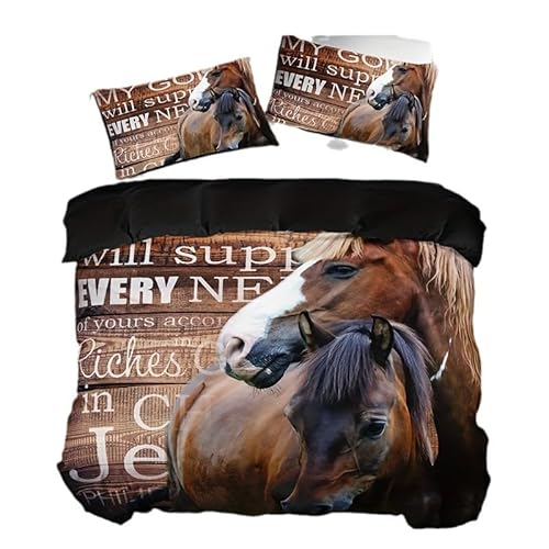 ZZTBQ Pferde Bettwäsche 155x220 3teilig Pferde-Motiv Freedom Kinderbettwäsche 1 Bettbezug 155x220 cm + 2 Kissenbezüge 80X80 cm, Tierdekor Bettwäsche-Sets Polyester Mikrofaser mit Reißverschluss