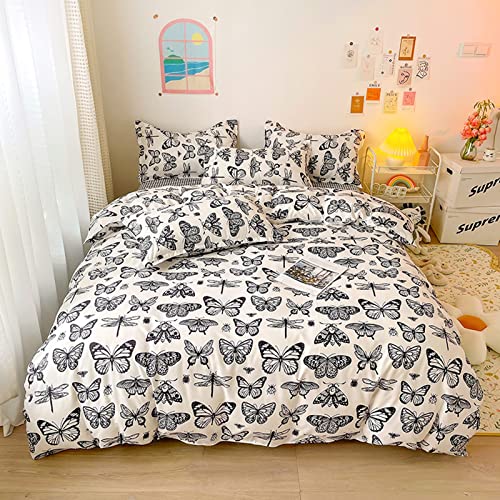 Lunoroey Schmetterling-Bettwäsche -Set, Einzelbett, schwarz-weiß, Schmetterlingsmotte, Libelle, Marienkäfer, Insekt, bedruckt, weich, leicht, für alle Jahreszeiten