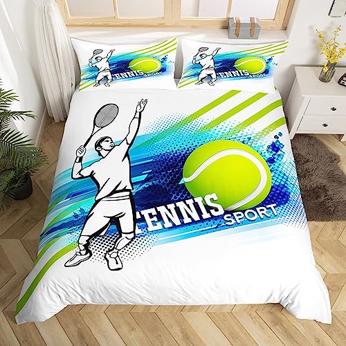 Tennis Bettbezug Set S Größe,Cartoon Tennis Spieler Bettwäsche Set,Kinder Jungen Männer Teens Schlafzimmer Dekor,Ball Sport Spiele Tröster Abdeckung Mode Blau Grün Streifen Graffiti Quilt Cover,Weiß