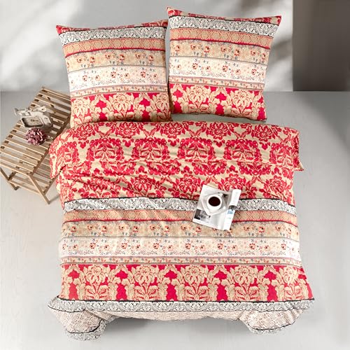 ZIRVEHOME Bettwäsche 240x220 Rot 3-teilig Baumwolle Kuschelig & Warm - Bettbezug im Orientalischen Stil Mit Blumen, Blatt Muster Barock - Set Beige, Schwarz, Creme & Gold, Miza