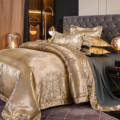 DXHOME Bettwäsche Gold 155x220 Satin Luxuriös Wendebettwäsche Mikrofaser Jacquard Blumenmuster Stickerei Bettbezug mit Reißverschluss und 2 Kissenbezüge 80 x 80cm
