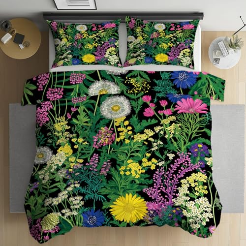 Kntnshac Aquarell Blume Bettwäsche 135x200 Pusteblume Chrysantheme Vergissmeinnicht Wendebettwäsche Bettwäsche-Set Microfaser mit Reißverschluss?Enthält 1 Bettbezug und 2 Kissenbezug 80x80 cm