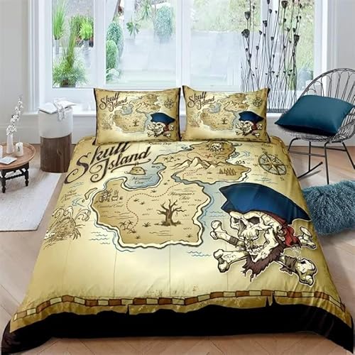 TaRvit Bettwäsche 135x200 Pirat Bettbezug 135 x 200 Karte 2 teilig Set, Mikrofaser Bettwäsche Set und 1 Kissenbezug 80x80, Weiche Atmungsaktive Bettwäsche-Sets mit Reißverschluss