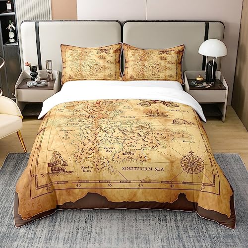Loussiesd Nautische Insel Karte Weich Bettwäsche Kinder Vintage Alte Karte Piratenschiff 100% Baumwolle Bettwäsche Set 135x200cm Ozean Ancient Pirate Schädel Bettbezug Set Dekor Reißverschluss