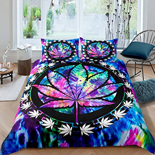 Cannabisblatt Betten Set, Marihuana Weed Bettbezug Set, Boho Tie Dye Trippy Blätter Bettwäsche Set 135x200cm, Kinder Jugendliche Erwachsene Mode Botanical Dekor Bettwäsche mit 1 Kissenbezug