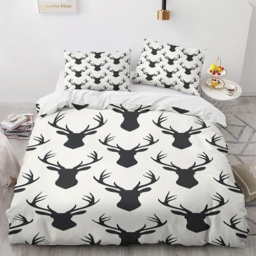 KLJFIGUT Bettwäsche 200x200 Hirsch 3 Teilig Mikrofaser Bettbezug für Kinder Jugendliche - Wendemotiv Bettbezüge mit Reißverschluss + 2 Kissenbezug 80x80 cm