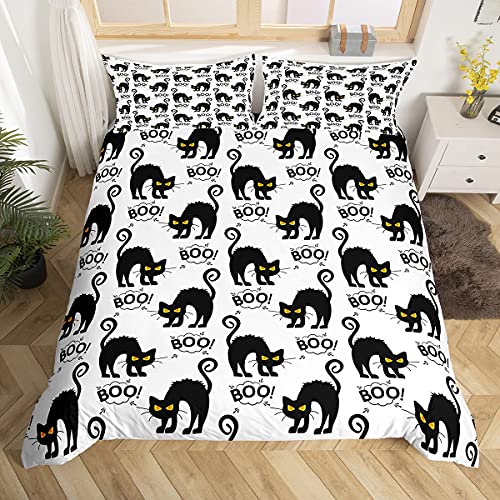 Loussiesd Niedliche schwarze Katze, Halloween-Bettbezug für Kinder, Jungen, Mädchen, Cartoon, Halloween, Katze, Tier-Bettwäsche-Set, Festival-Dekoration, Steppdecke mit 1 Kissenbezug, 2-teilig