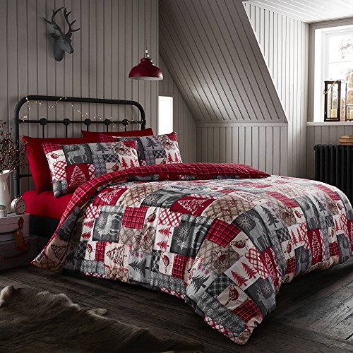 Happy Linen Company Bettwäsche Set aus 100% gebürsteter Baumwolle mit weihnachtlichem Patchwork Design, für Einzelbett, Rot