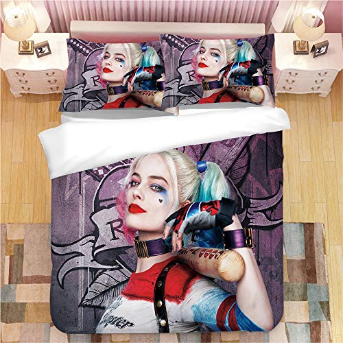 Jnsio 3 Teiliges Sets Suicide Squad Harley Quinn Drucken Bettdecke Set Halloween Bettbezug Sets Mikrofaser Baumwolle Bequem Weich Bettbezug Kissenbezug,EUSingle140× 200cm