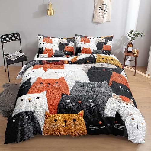 KLJFIGUT Bettwäsche 220x240 Katze Weiche Mikrofaser Bettbezug Set mit Reißverschluss, 1 Bettbezüge mit 2 Kissenbezug 80x80cm, Atmungsaktive Bettwäsche-Sets für Erwachsener