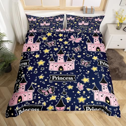Homewish 155x220 Bettbezug für Mädchen Schloss Bettwäsche Cartoon Sterne Schmetterling Tröster Abdeckung Girly Thema Bett Teal Märchen