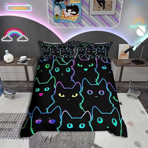 Neon Schwarze Katze Bettwäsche Set 135x200 für Mädchen Jungen,Bunte Lustige Katze Bettbezug Kawaii Zimmer Dekor,Cartoon Katzen Tröster Abdeckung für Katzenliebhaber,Gradient Line Bett Set Reversible