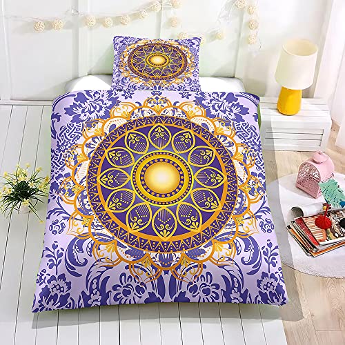 Hixingo Bunt Bettwäsche für Jungen und Madchen, kuschelige Bettwäsche-Sets aus Mikrofaser, 1 Bettbezug mit Reißverschluss & 1 Kissenbezug, 3D Mandala (Violettes Gold,135x200cm-50x75cm)