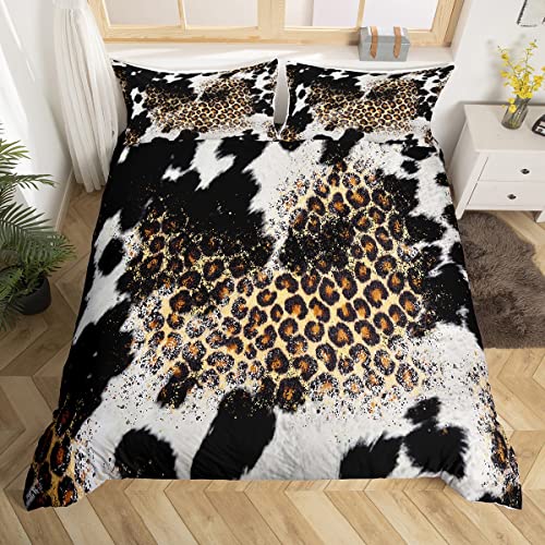 Kuhfell Bettbezug Set Leopard Bettwäsche Set für Jungen Mädchen Bauernhaus Tierhaut Schmusetuch Rindsfell Schwarz Braun Beige Weicher Atmungsaktiver Bettbezug King Size