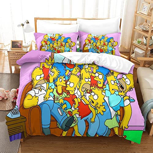 Bettbezug Cartoon-Bettwäsche-Set The Simpsons Bettbezug 3D-Druck für Kinder Teenager, weicher Bettbezug, Schlafzimmer-Dekor, Tagesdecke, Doppelbett (200 x 200 cm)