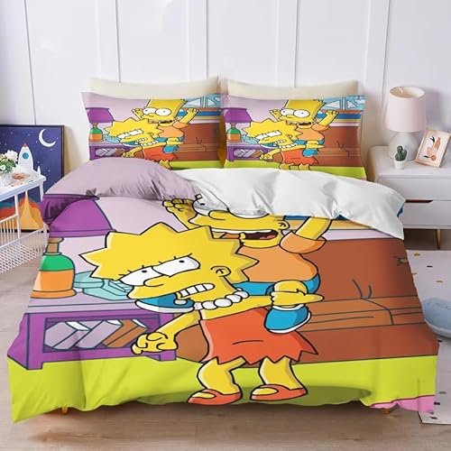 YINGD The Simpsons Anime Bettwäsche-Set, Bettbezug, 100 % Polyester, geeignet für Kinder und Erwachsene, 3-teiliges Set, 1 Bettbezug