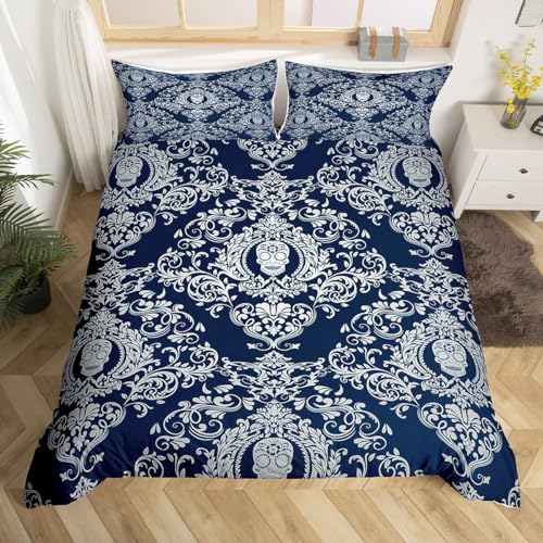 Loussiesd Damast-Bettwäsche-Set für Erwachsene, orientalisch, antikes Design, Einzelbett, Gothic, Bohemia, Boho, Bettbezug, exotischer Zuckerschädel, Tagesdecke, 2-teilig, Blau