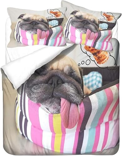 Bettwäsche 155x200 Mops 3D Bettwäsche-Sets Niedliche Welpen 3 Teilig Superweich Mikrofaser Bettbezug und 2 Kissenbezüg 80×80cm mit Reißverschluss u.1587