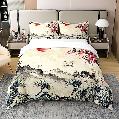 Loussiesd Japanischer Stil 100% Baumwolle Bettwäsche Set 135x200cm Sakura Blume Bettbezug Set Traditionelle Retro Theme Bettbezug Set Botanical Blossom Branches Bettbezug Weiß Rosa Bettwäsche-Set
