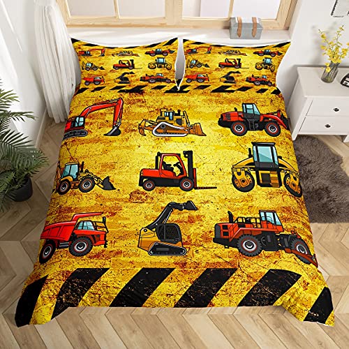 Chantier Auto Bettwäsche 140 x 200 cm für Kinder, Schaufel, LKW, Bettwäsche, Maschinenwäsche, Autos, Bettbezug Retro, Gelb, Schwarz, Schlafzimmer, Dekoration, 2 Stück