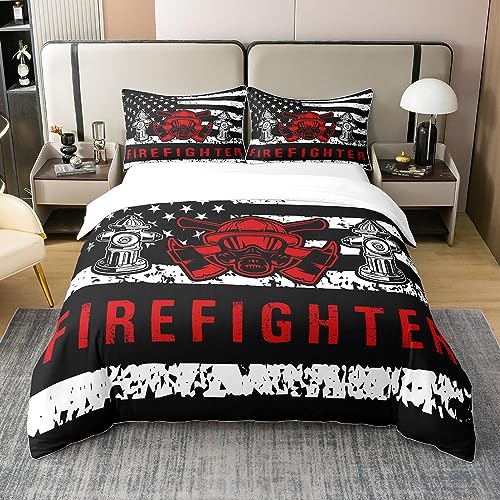 100% Natur Baumwolle Feuerwehr Kampf Bettbezug 155x220, Feuerwehr Feuerwehr Hydrant Helm Muster Tröster Abdeckung, Retro amerikanische Flagge Schwarz Weiß Geometrie Sterne Streifen Bettwäsche