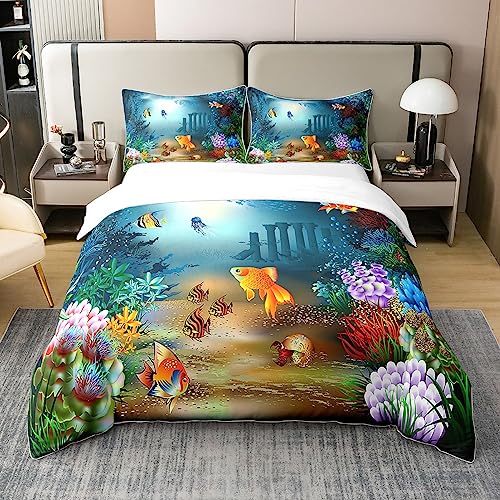 Loussiesd Fisch Dekorative 100% Baumwolle Bettwäsche Set, Weich Nautical Marine Life Sea Bettwäsche-Set,Nature Senery Bunte Zimmer Bettbezug Set 135x200cm
