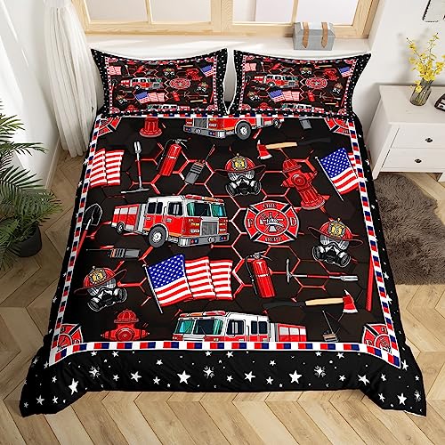 richhome Feuerwehr LKW Bettbezug Set 135x200,Cartoon Autos rote Feuerwehr Motoren Bettwäsche Set, geometrische Waben Patchwork Tröster Abdeckung, rote Neon Quilt Cover
