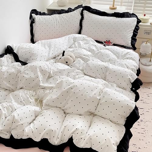QSYEDR Weißes Rüschen-Bettbezug-Set 240X220,Shabby Chic French Frill Fransen-Bettbezug mit Schwarzen Punkten,Bettwäsche-Set im Französischen Prinzessinnen-Stil für Mädchen und Frauen,Super King QSYEDR Weißes Rüschen-Bettbezug-Set 240X220,Shabby Chic French Frill Fransen-Bettbezug mit Schwarzen Punkten,Bettwäsche-Set im Französischen Prinzessinnen-Stil für Mädchen und Frauen,Super King