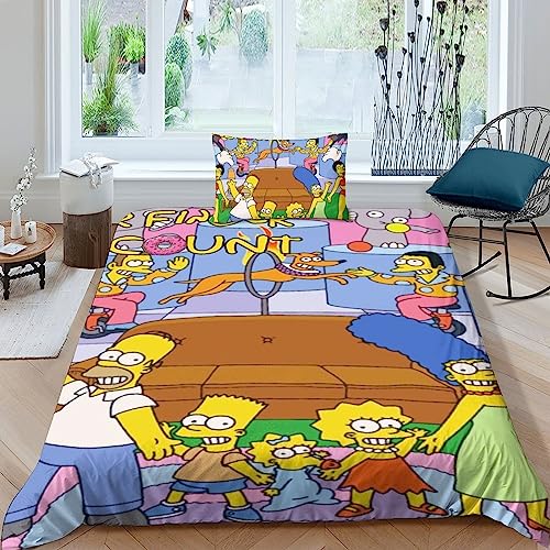 LENTLY The Simpsons 3D Bettwäsche Set Kinder Erwachsene, Microfaser Bettbezug Und Kissenbezüge Mit Reißverschluss Weich Haltbar Atmungsaktive Single?135x200cm?