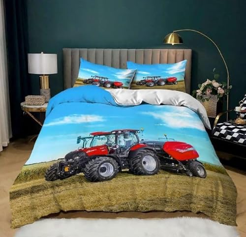 NUEYSP Bettwäsche 140x200 Roter Traktor Bettwäsche-Sets 3D-Motiv, Mikrofaser, 1 Bettbezug 140x200 + 1 Kissen 70x90 mit Verdecktem ReißVerschluss für Mädchen Jungen.