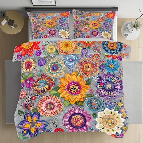 Bunte Blumen Bettwäsche 135x200 Sonnenuntergang Landschaft Kirschblüten Wellen Microfaser Wendebettwäsche Bettwäsche-set Teenager mit Reißverschluss?Enthält 1 Bettbezug und 2 Kissenbezug 80x80 cm