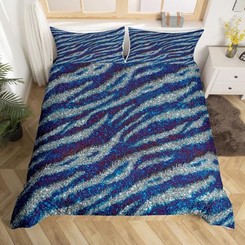 Homemissing Zebra Streifen Bettwäsche Set 135x200cm Glitter Leopard Drucken Bettwäsche-Set Zebra Leopardpelz Bettbezug mit 1 Kissenbezug Wilde Tierhaut mit Reißverschluss Marineblau