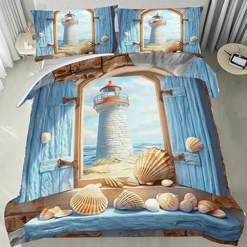 Bettwäsche 135x200 HüLse Bettbezug Leuchtturm Bettwäsche-Sets Mikrofaser, 1 Bettbezüge und 2 Kissenbezüge 80x80 cm, Bettwaesche 3 Teilig Mit ReißVerschluss