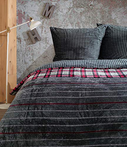 Leonado Vicenti Winter Bettwäsche Flausch Teddy Plüsch warme Cashmere Touch Coral Fleece 135x200 155x220 200x200 200x220 240x220, Farbe:Anthrazit Gestreift, Größe:155 x 220 cm