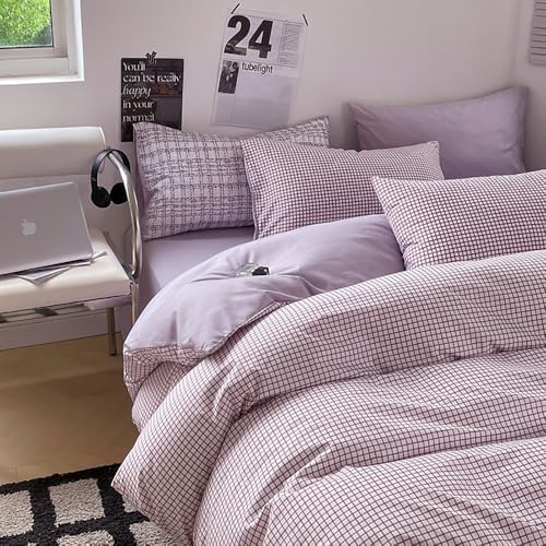 Covebett Bettwäsche 135x200 4teilig Kariert Lila Weiß Landhausstil Wendebettwäsche Set Aesthetic Modern Karo Violett Lila Karomuster Microfaser 2 Bettbezug und 2 Kissenbezug 80x80 Reißverschluss