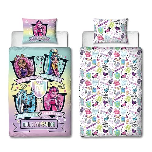 Character World Monster High Bettwäsche-Set für Einzelbett, offizielles Lizenzprodukt, wendbar, zweiseitig, inklusive passendem Kissenbezug, perfekt für Kinderzimmer, Polycotton