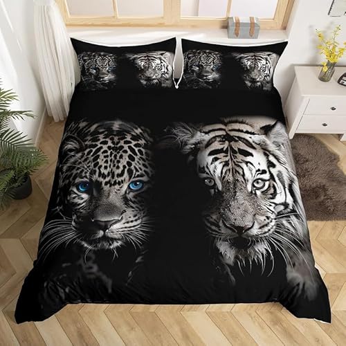 KERRES Bettwäsche 220x200 Leopard Tiger Bettbezug Set 3 Teilig Gepard Microfaser Weich Bettbezüge + 2 Kissenbezuge 80x80 cm, mit Reißverschluss DE1754