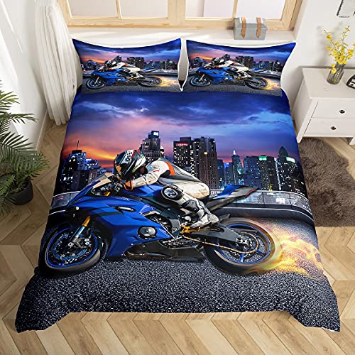 Motorradmotiv, Bettwäsche, 140 x 200 cm, für Jugendliche, Cool Moto Rider, für Kinder, Jungen, Kinder, Motiv: Extremsport, Bettbezug für modernes Stadtgebäude, Bettwäsche, Bettbezug für Room Decor