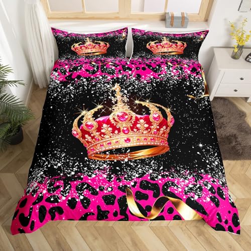 Homewish Krone Bettwäsche 200X200 Kinder, Wunderschön Rosa Bettbezug Set für Mädchen, Prinzessin Krone Geparden-Druck Atmungsaktiv Vier Jahreszeiten Gemütlich Bett Set Mit 2 Kissenbezüge